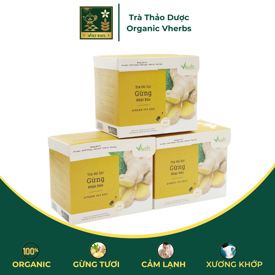 Combo 3 hộp trà gừng vherbs - 3 hộp 2g x 16 gói - giải cảm lạnh, đầy bụng, khó tiêu, giảm đau nhức xương khớp