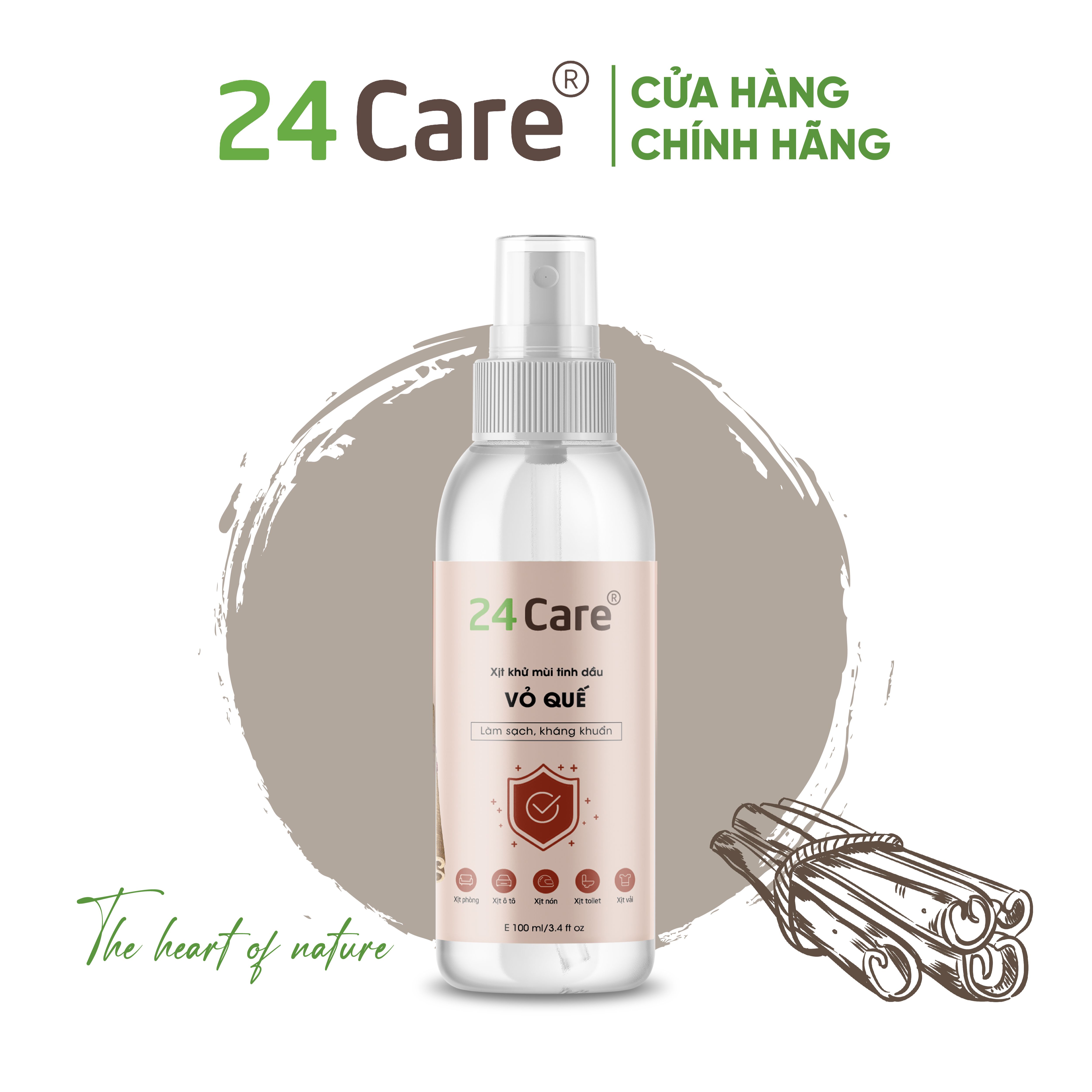 Xịt Phòng Tinh Dầu Quế Hữu Cơ Organic 24Care 50ML/100ML/250ML - Kháng khuẩn - Khử mùi hôi - Đuổi muỗi - côn trùng - Giúp định tâm khi đi xa, ngủ khách sạn, giảm cảm giác bất an - Hương thơm thư giãn.