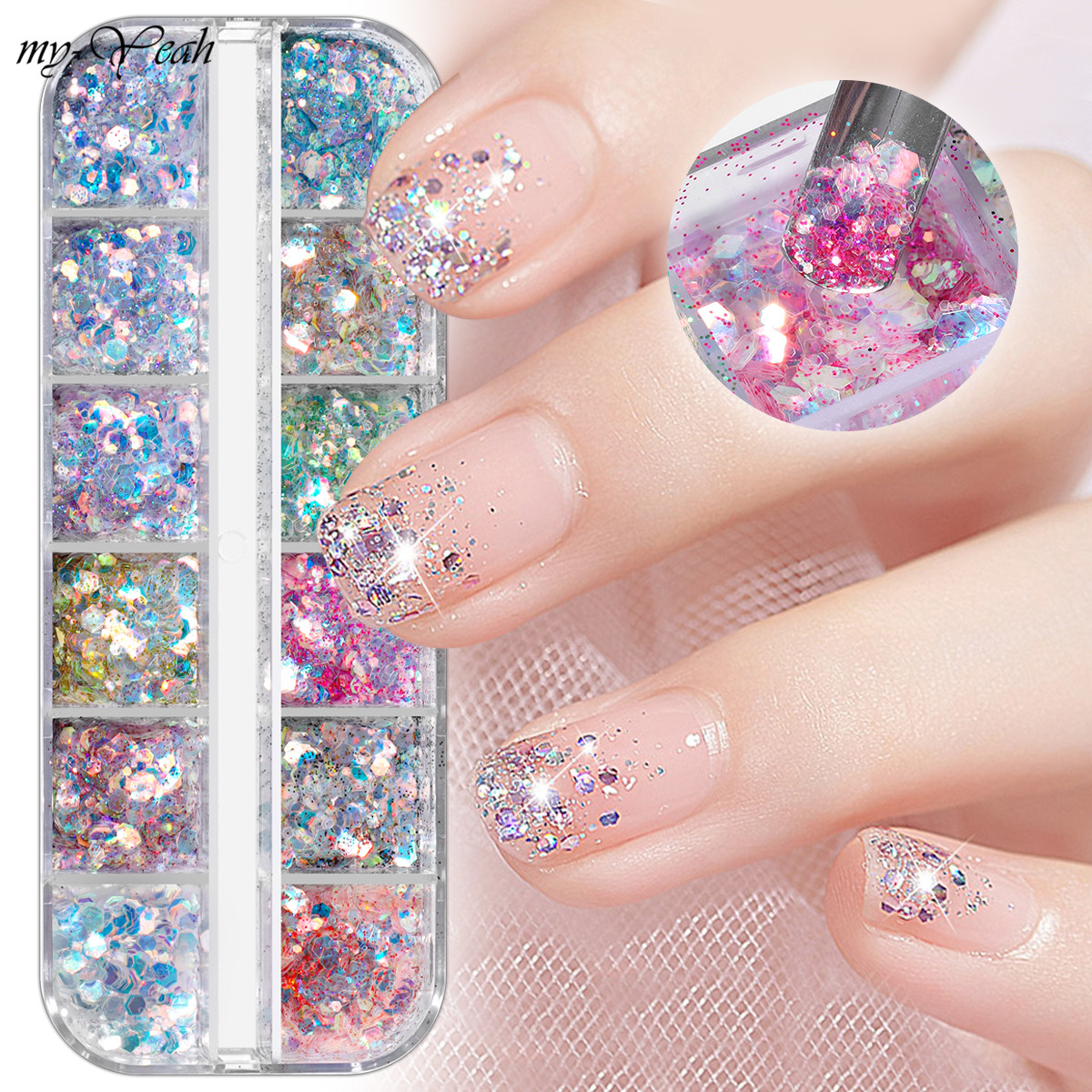 myyeah Hộp 12 lưới hình lục giác đựng hạt kim sa lấp lánh, mảnh không đều, nhiều kích cỡ trang trí móng nghệ thuật, phù hợp với tiệm làm móng chuyên nghiệp hoặc tự làm tại nhà - INTL