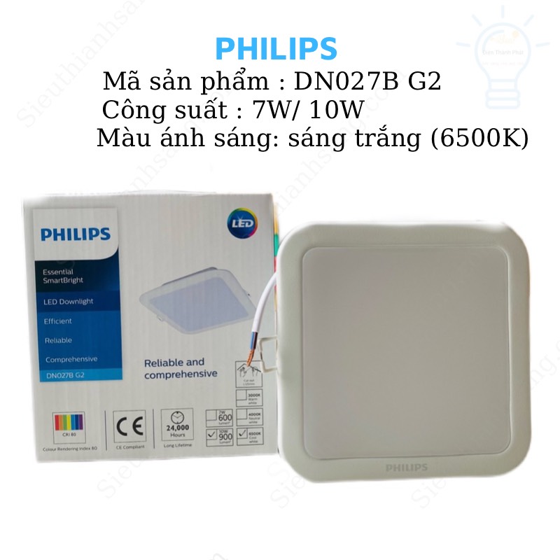 Bộ đèn âm trần vuông PHILIPS DN027B G2 công suất (7W,10W) 6500K - ánh sáng trắng