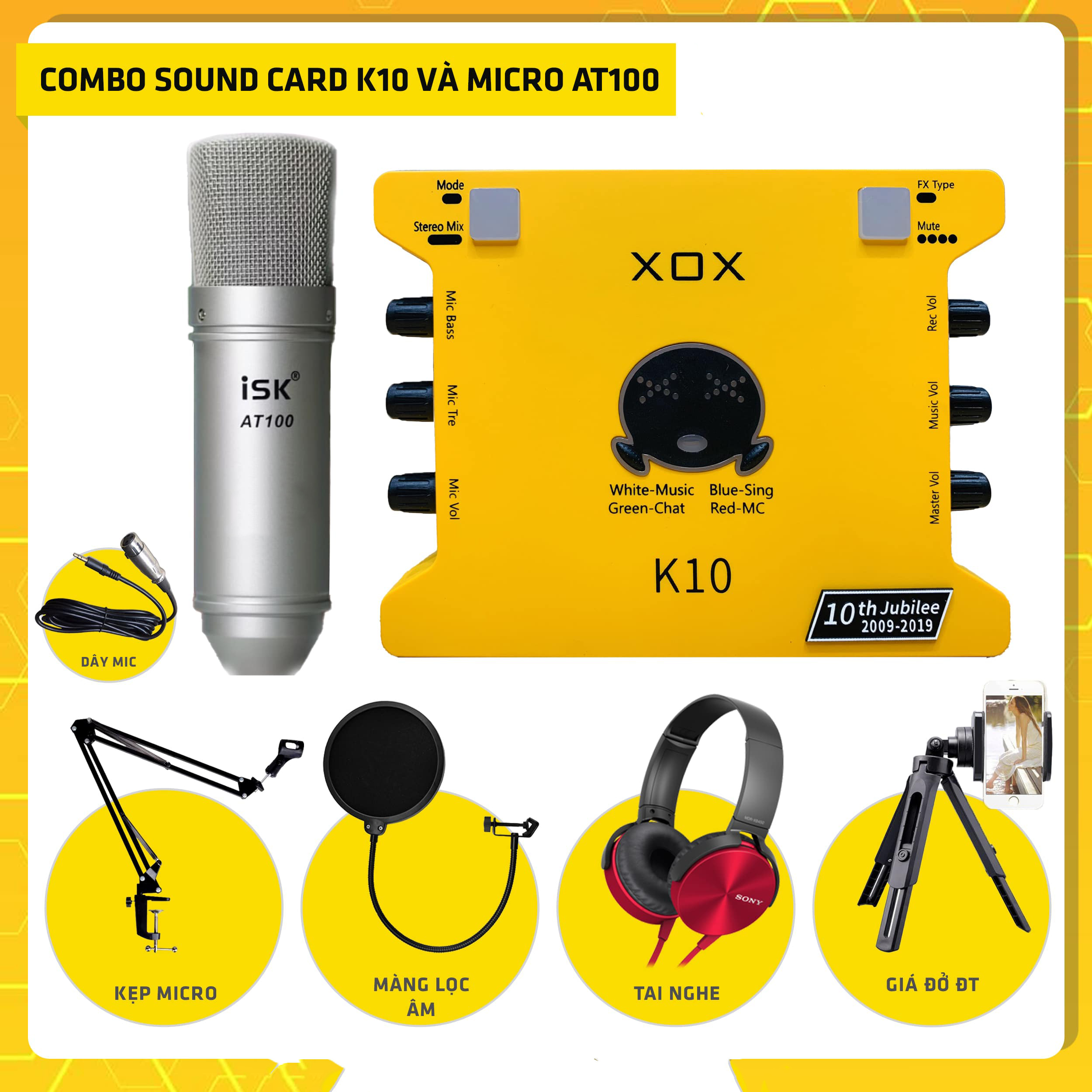 Trọn Bộ Mic Hát Thu Âm Livestream Micro ISK AT100 Và Sound Card K10 2020 , Hỗ Trợ Điều Chỉnh echo (độ vang), treble, bass… hát karaoke online, thu âm giọng hát, hát livestream, nghe nhạc, làm MC trực tuyến… - Full Phụ Kiện