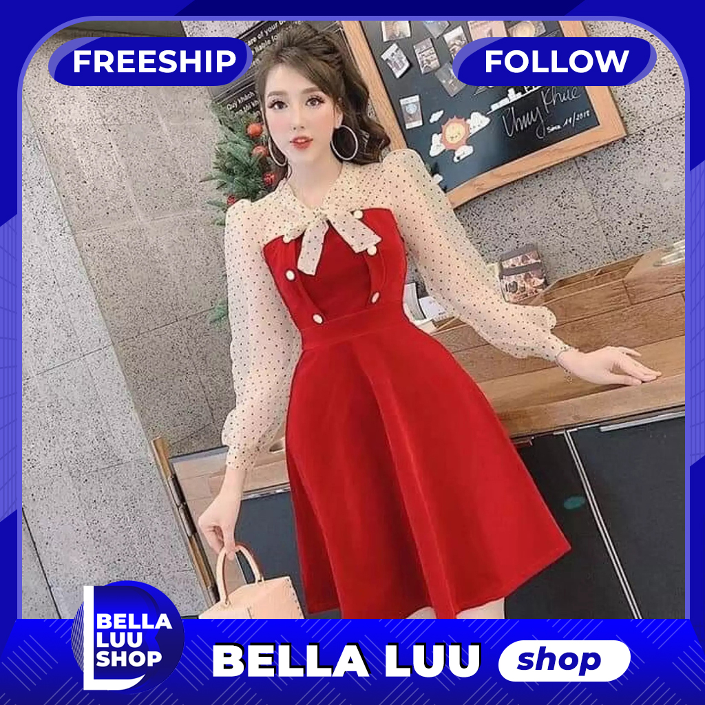 Đầm nữ tay lưới chấm bi kết nơ dễ thương thời trang bella