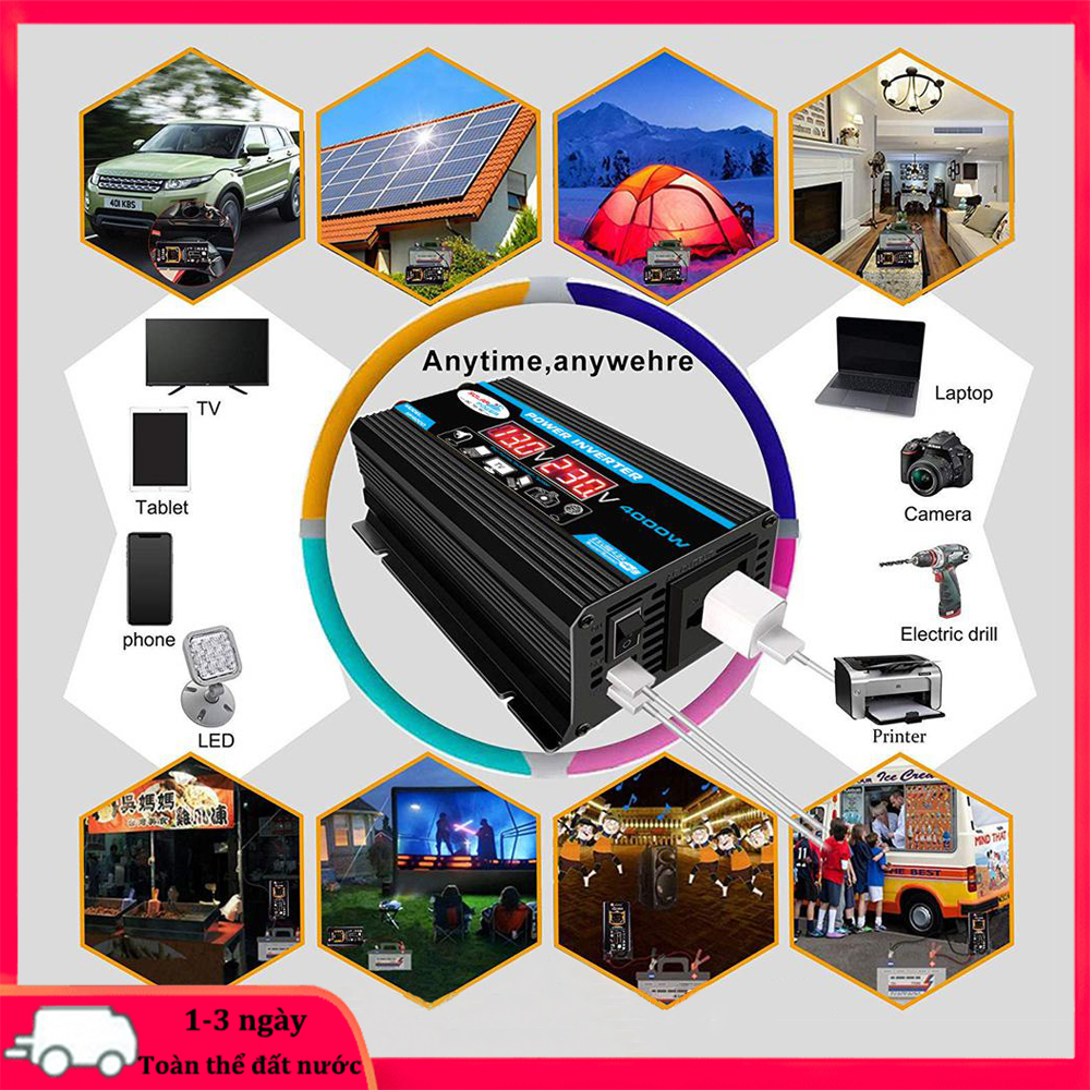 Biến tần công suất 4000w 12v-20v đến 220v với màn hình kỹ thuật số có thể sử dụng trong xe hơi,nverter 12v to 220v xe ô tô,cổng usb kép màn hình hiển thị.