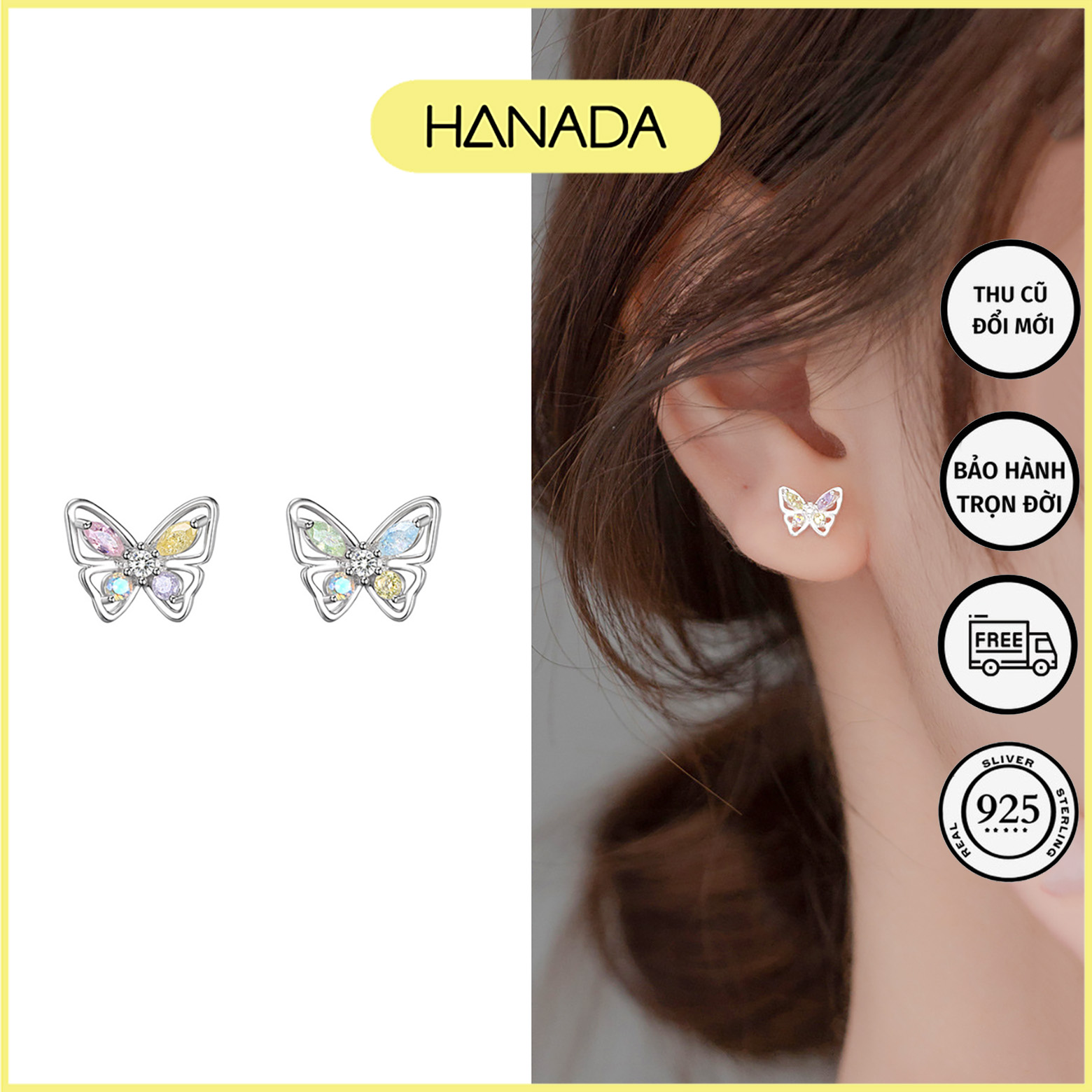 Bông tai bạc 925 hanada đính đá ngũ sắc tiểu thư nhẹ nhàng