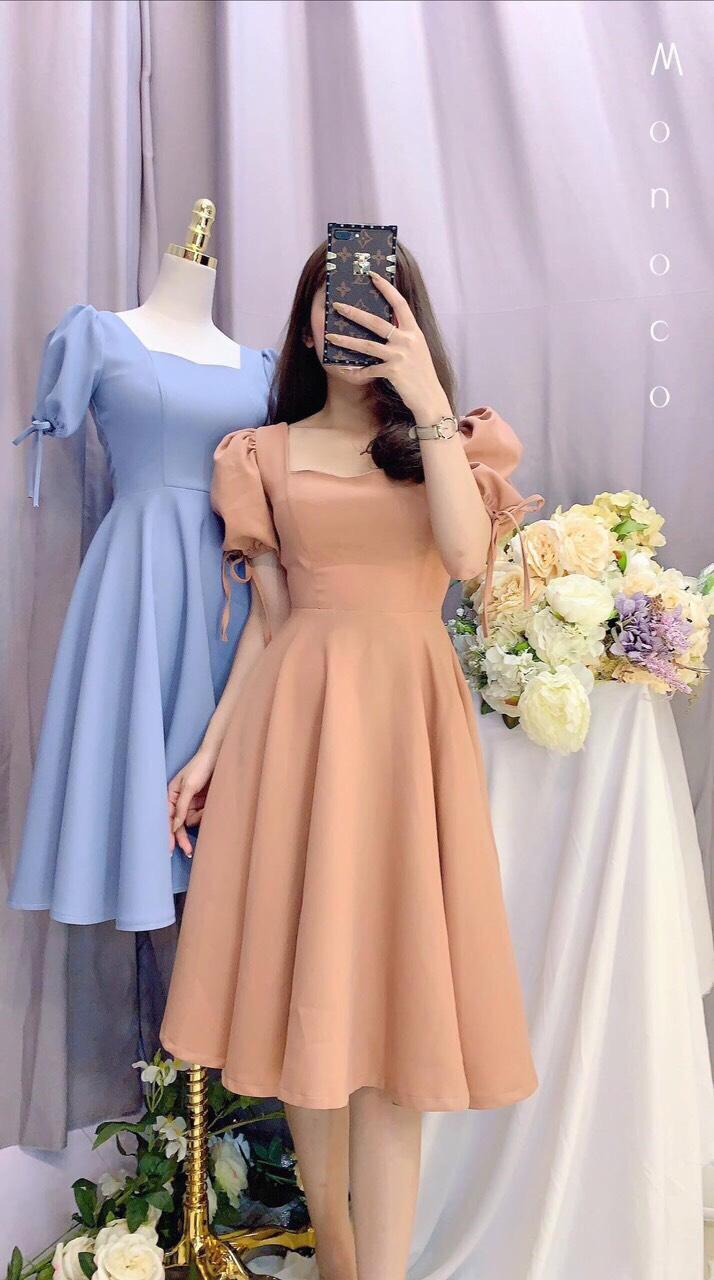 [HCM] Đầm Xòe Chéo Lụa ,  Thun Tay Phồng Cột Nơ ( 2 Màu , Xanh, Hồng ) Phong Nhã