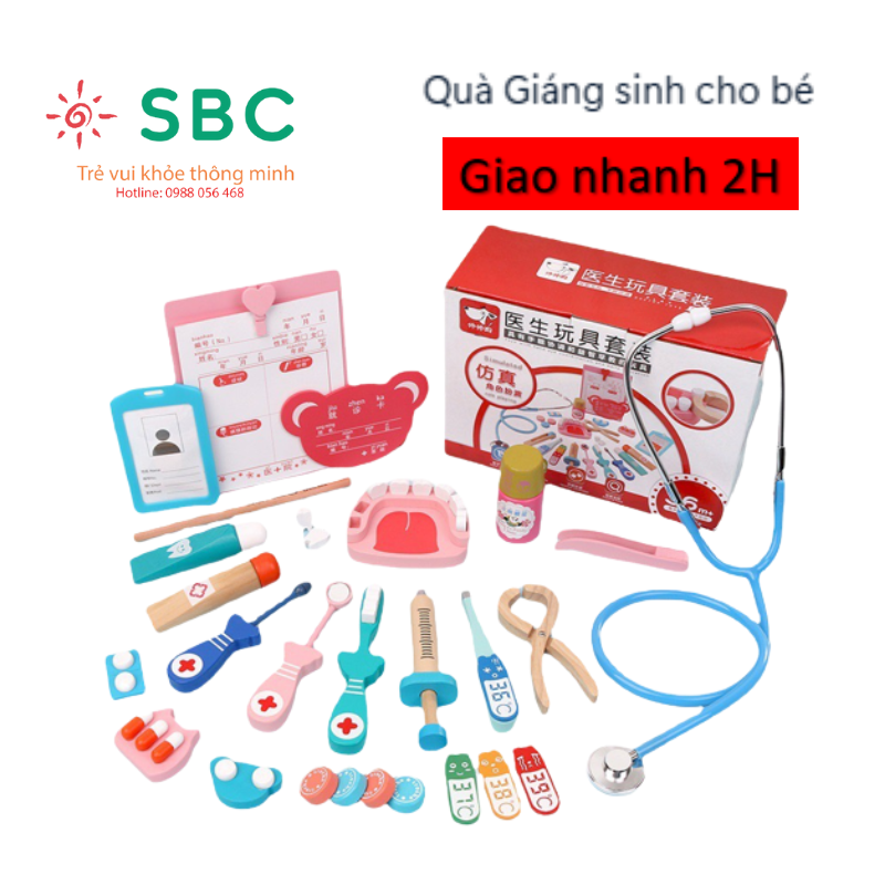 Có hộp giấy - Bộ đồ chơi bác sĩ bằng gỗ đầy đủ chi tiết tai nghe như thật cho bé - Đồ chơi trẻ em
