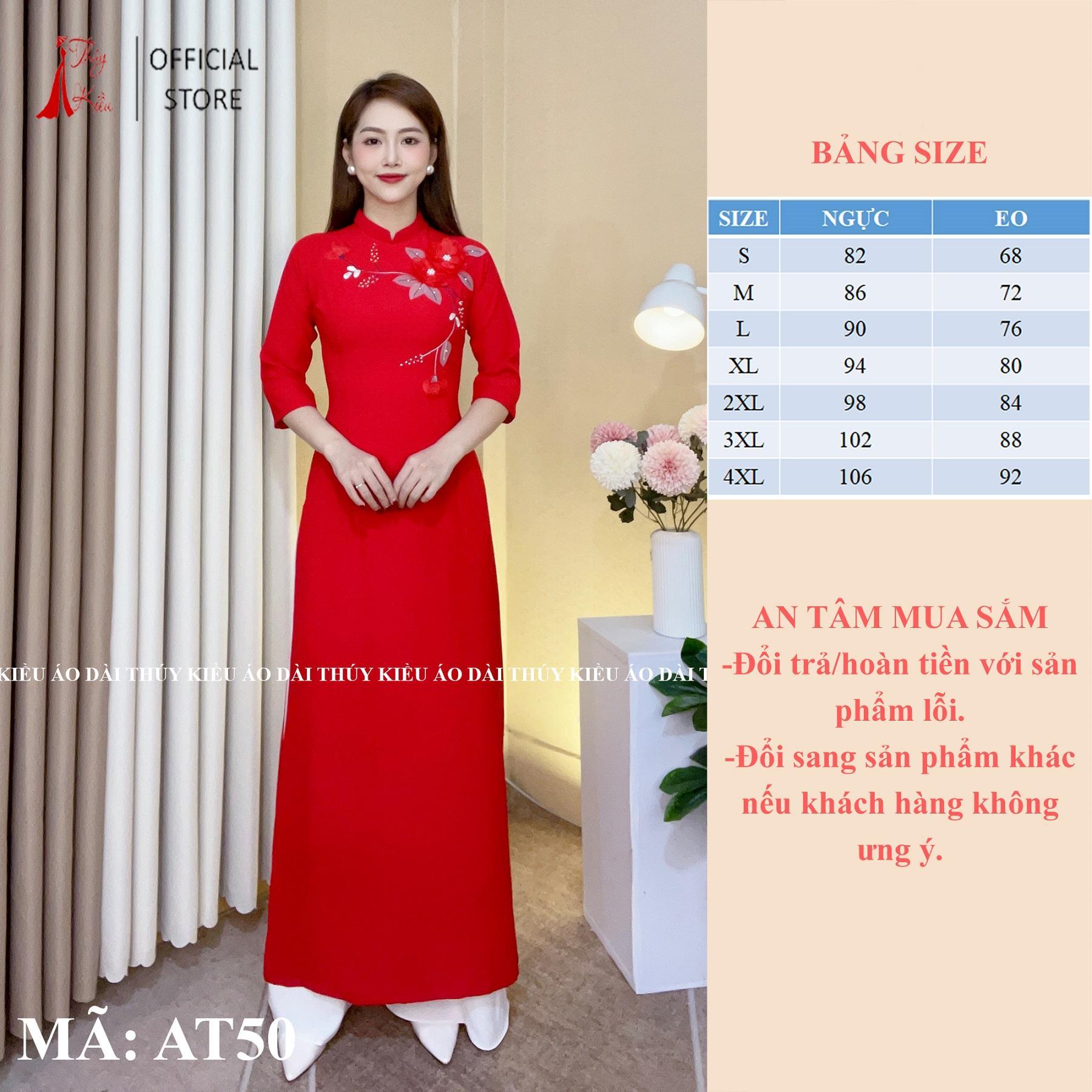 AT50 Áo dài Thuý Kiều lụa mỹ nền đỏ đính hoa voan đỏ truyền thống may sẵn dự tiệc hội họp đám cưới