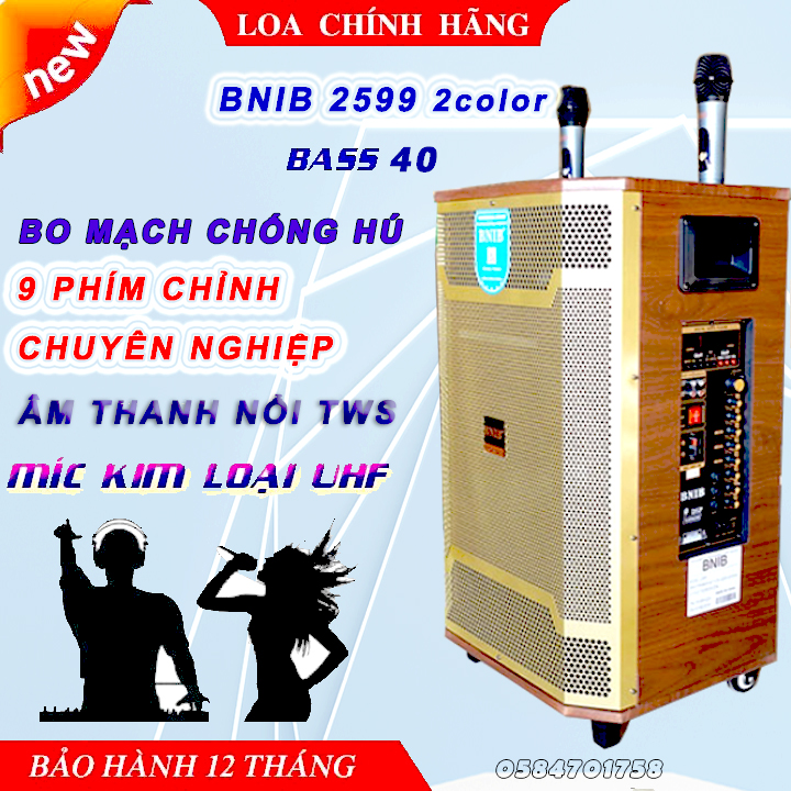 Loa kéo karaoke cao cấp bnib 2599 bass 40 new 2023- âm thanh nổi tws- tặng kèm 2 mic
