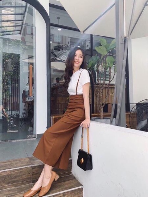 Set Bộ Dài Quần Yếm Ống Rộng Phối Áo Thun Tay Ngắn Cổ Tròn