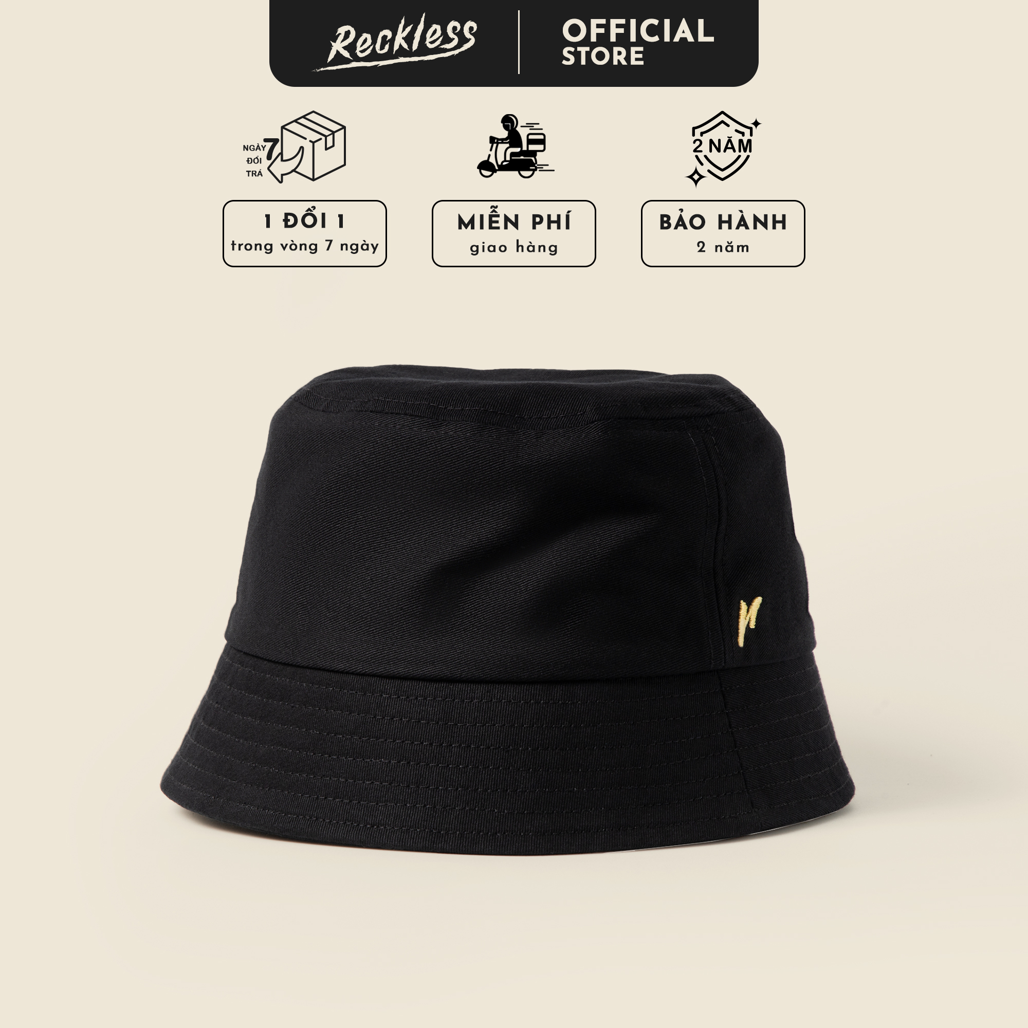 Nón Tai Bèo Thời Trang Màu Đen Trơn Reckless Bucket Hat Vải Kaki Cotton