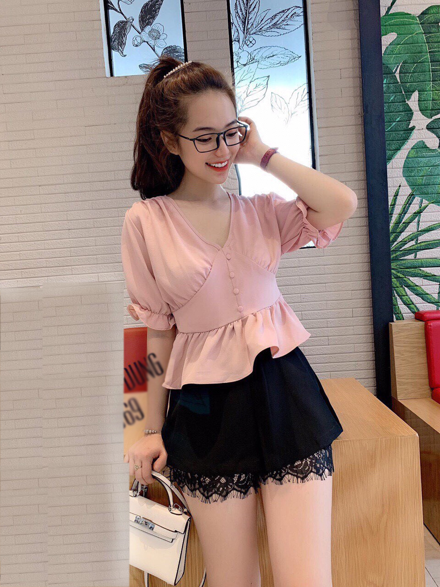 Áo kiểu nữ nhún eo tay ngắn cổ bẻ thời trang mới đi làm dạo phố Av73