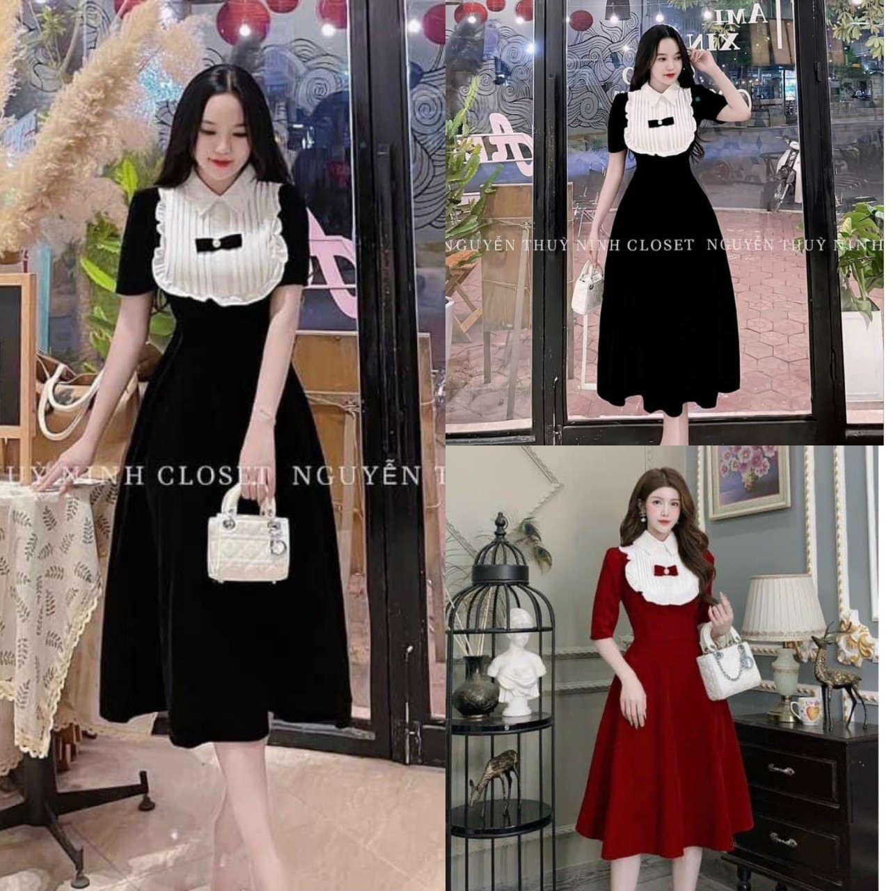 Đầm phối cổ bèo dập ly đính nơ kiểu dáng xòe dài trẻ trung thanh lịch