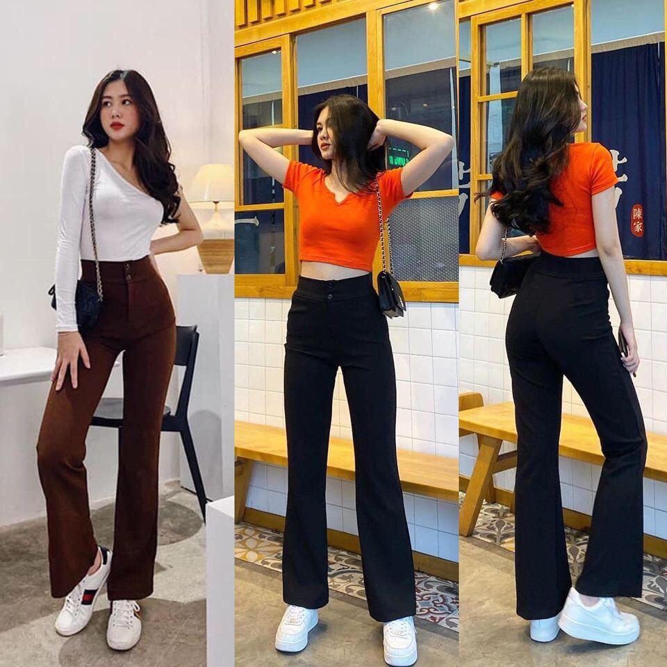 Mẫu mới cực hot! Quần ống suông loe dài cạp cao 2 cúc cực trend, quần ống loe kiểu mới lên dáng cực sang chảnh, giá hấp dẫn - Bigbang Shop