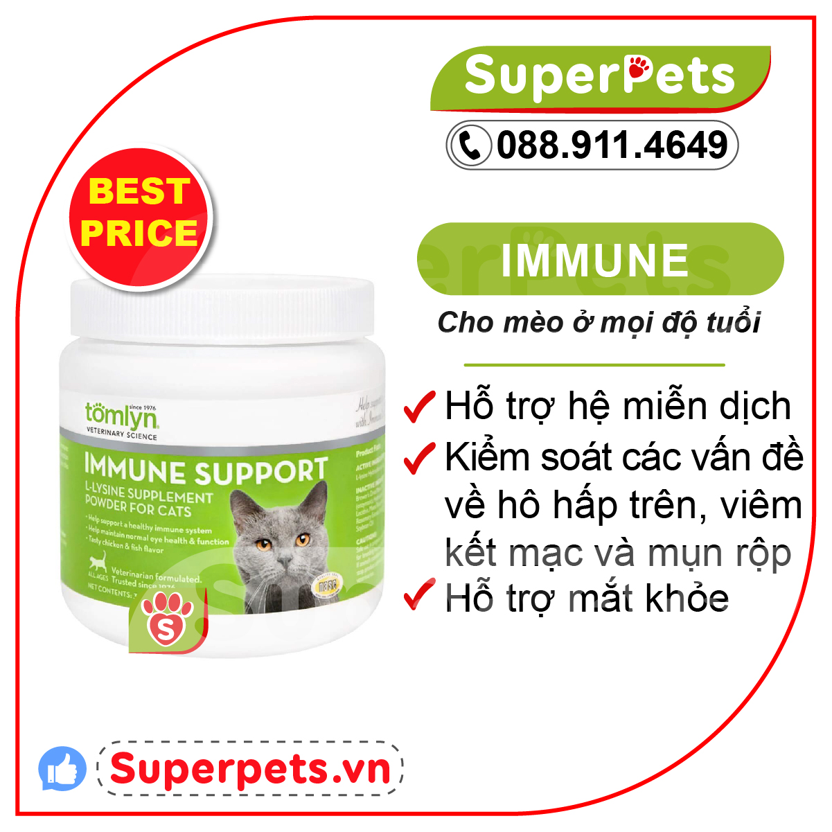Bột lysine tăng đề kháng cho mèo nhập khẩu usa - tomlyn immune support l-lysine powder cat supplement superpets việt nam