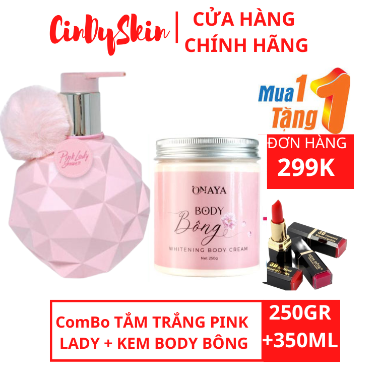 ComBo Sữa tắm xông trắng Pink Lady Shower Q-Lady+ Kem Trắng Da Body Bông - Chính Hãng