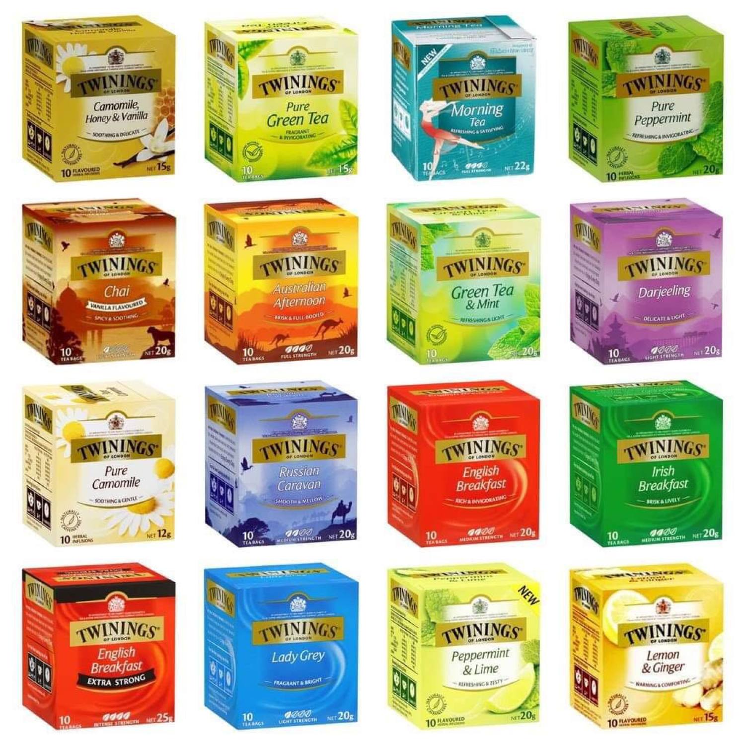 Trà túi lọc twinings có 7 mùi vị ( green tea, hoa cúc, bạc hà, english breakfast, chanh & gừng, earl grey,...)