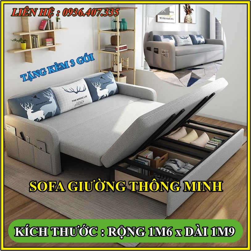 [Trả góp 0%] Ghế sofa giường thông minh ,Giường sofa đa năng gấp gọn , sofa giường gấp đa năng tặng kèm 3 gối (KT Dài1,9m x Rộng 1,6m)