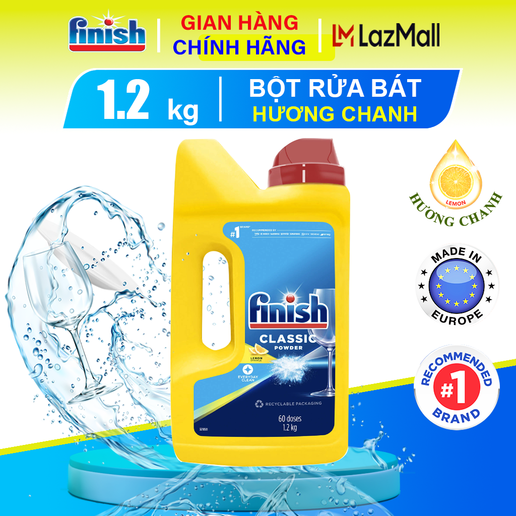 Bột rửa bát Finish 1.2kg hương chanh cho máy rửa bát 60 lần rửa -  Can Bột Finish rửa chén 4 tính năng rửa sạch mà siêu tiết kiệm - Finish Powerball