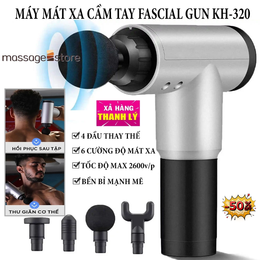 Súng Massage Cầm Tay - Máy Mát Xa Cầm Tay - Máy Đấm Lưng - Rung Giúp Giãn Cơ, Đỡ Mỏi Vai Gáy , Súng Massage Cầm Tay FASCIAL GUN 4 đầu và 6 cấp độ - Máy Massage Mini, Máy Mát Xa Cầm Tay, Súng Mát Xa Cầm Tay