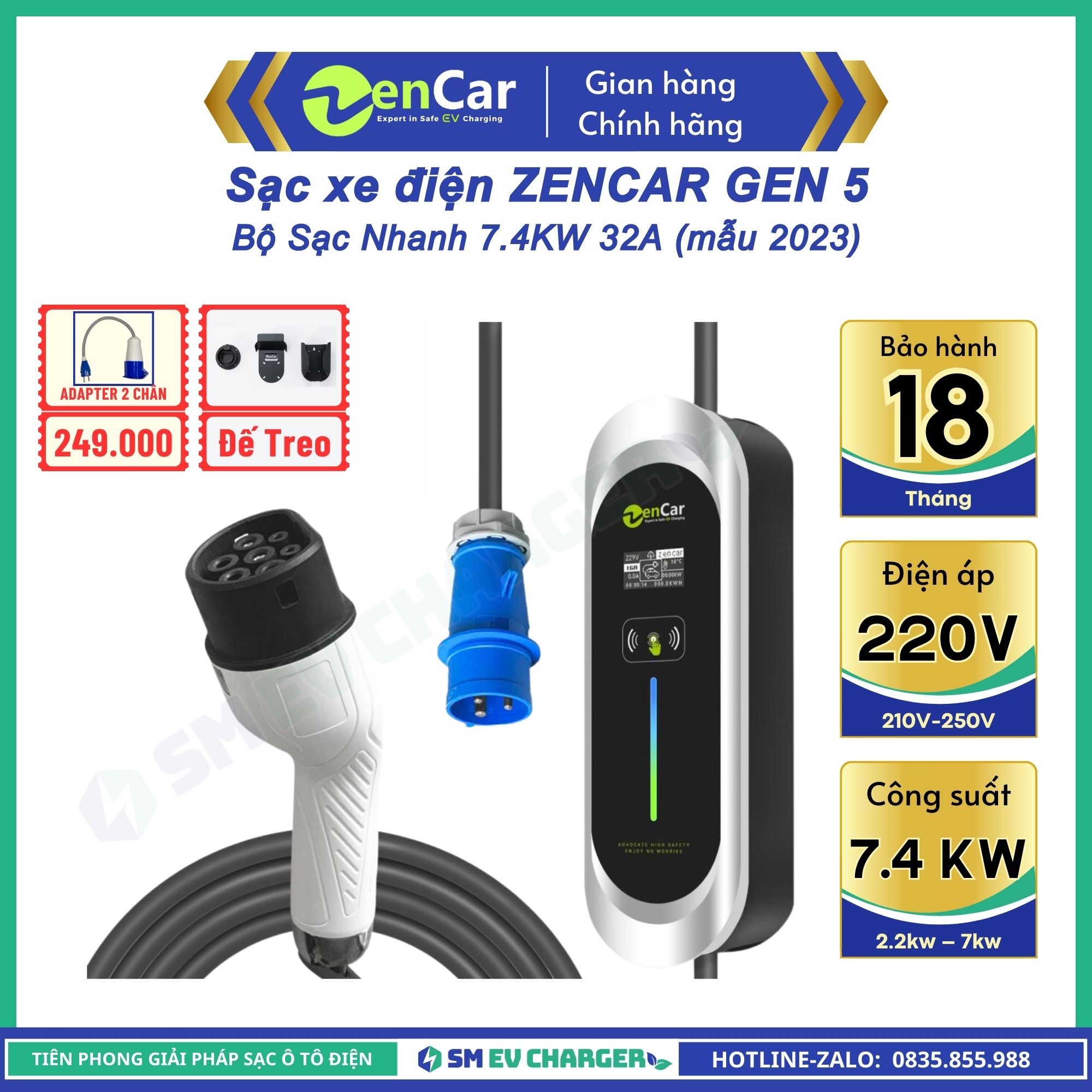 Bộ sạc ô tô điện ZENCAR 7KW - Bộ sạc nhanh xe điện Vinfast, Volvo, Audi