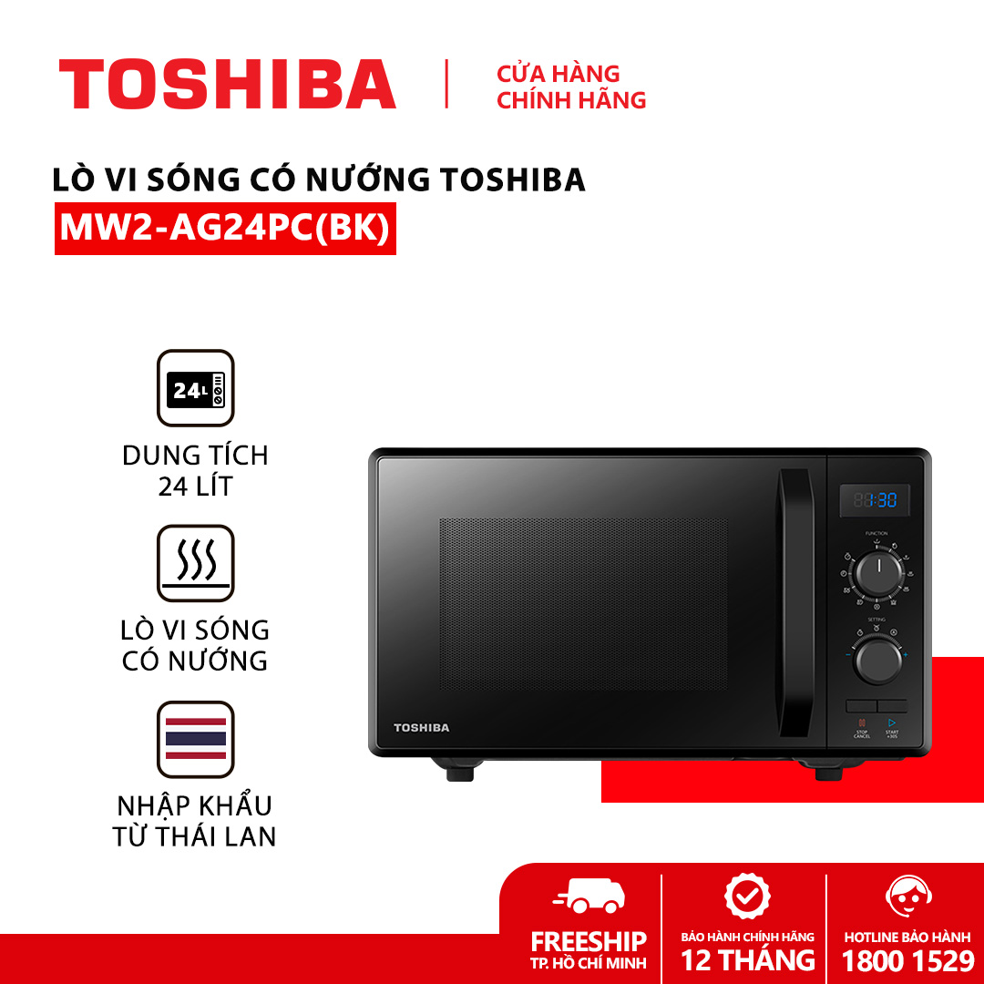 Lò vi sóng Toshiba MW2-AG24PC(BK) 24L -Nấu, Hâm, Rã đông, Nướng, Cửa lò kính cường lực, Tay nắm nhựa cách nhiệt, Vỏ ngoài kim loại sơn tĩnh điện. Hàng chính hãng bảo hành 12 tháng, chất lượng Nhật Bản