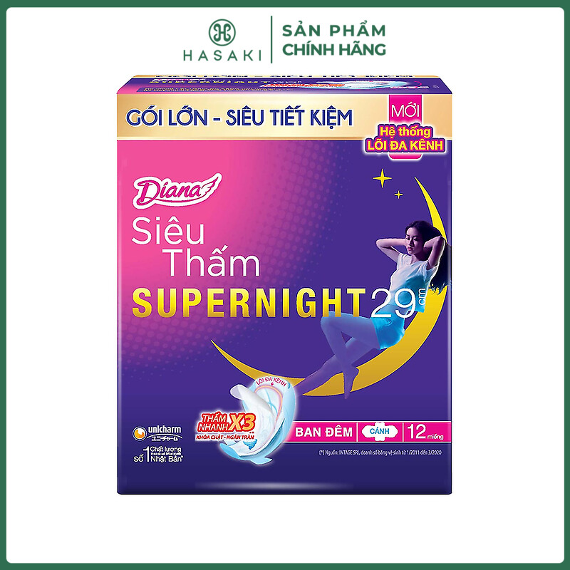 Băng Vệ Sinh Diana Super Night Ban Đêm 29cm|35cm Gói 12 Miếng