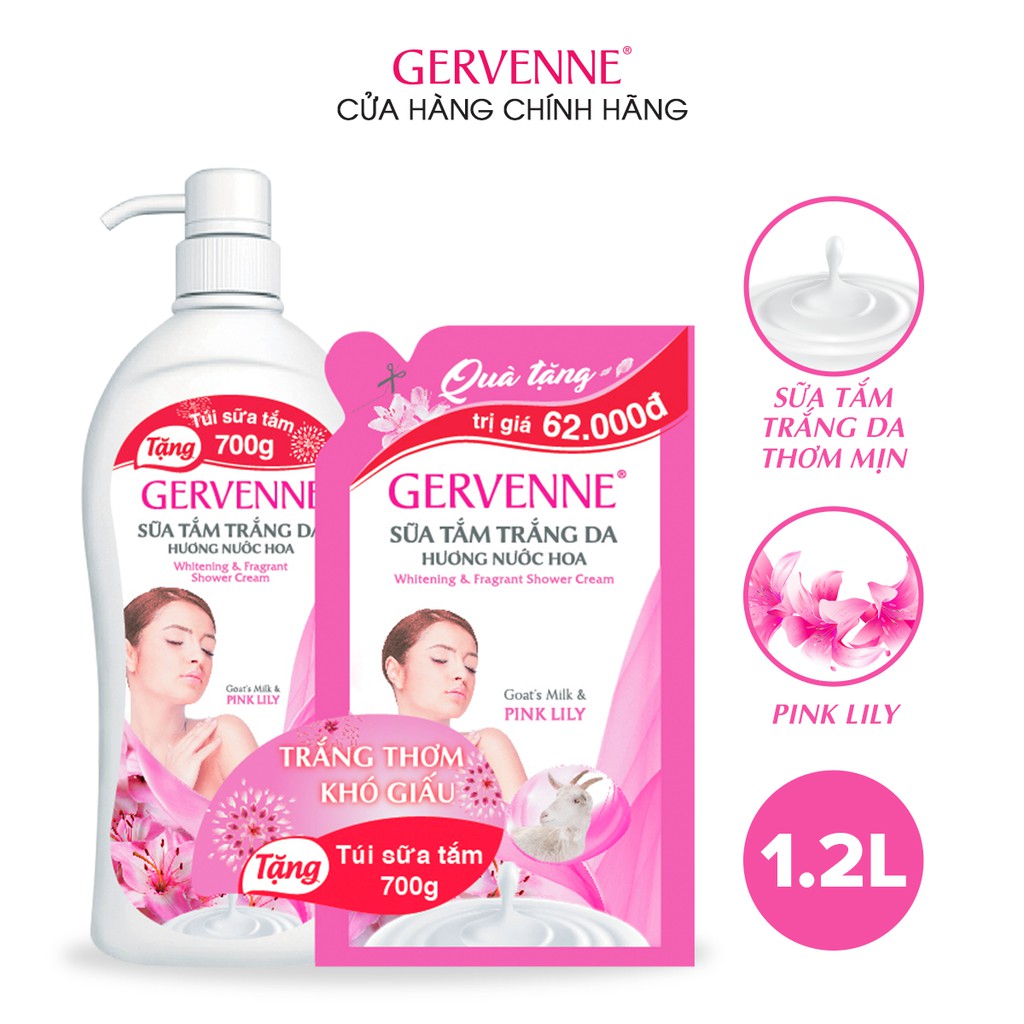 SỮA TẮM TRẮNG DA GERVENNE PINK LILY 1.2L TẶNG TÚI SỮA TẮM  450gr