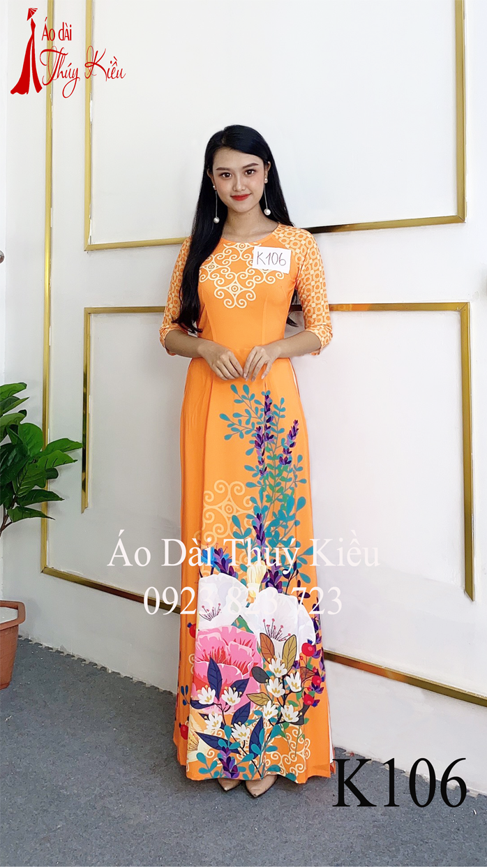 Áo dài nữ truyền thống thiết kế may sẵn tết cách tân nền cam hoa K106 mềm mại co giãn áo dài giá rẻ
