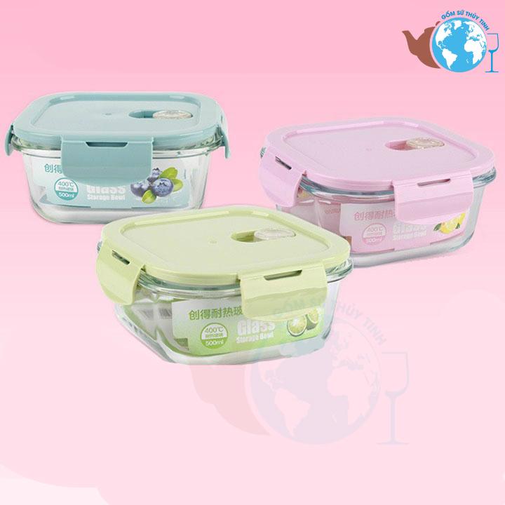 [HCM]combo 3 hộp đựng cơm màu nắp ngẫu nhiên - Bộ 3 hộp thủy tinh VUÔNG BX2003 đựng thực phẩm 320ml hàng cao cấp đung được lò viba đựng được ngăn đông