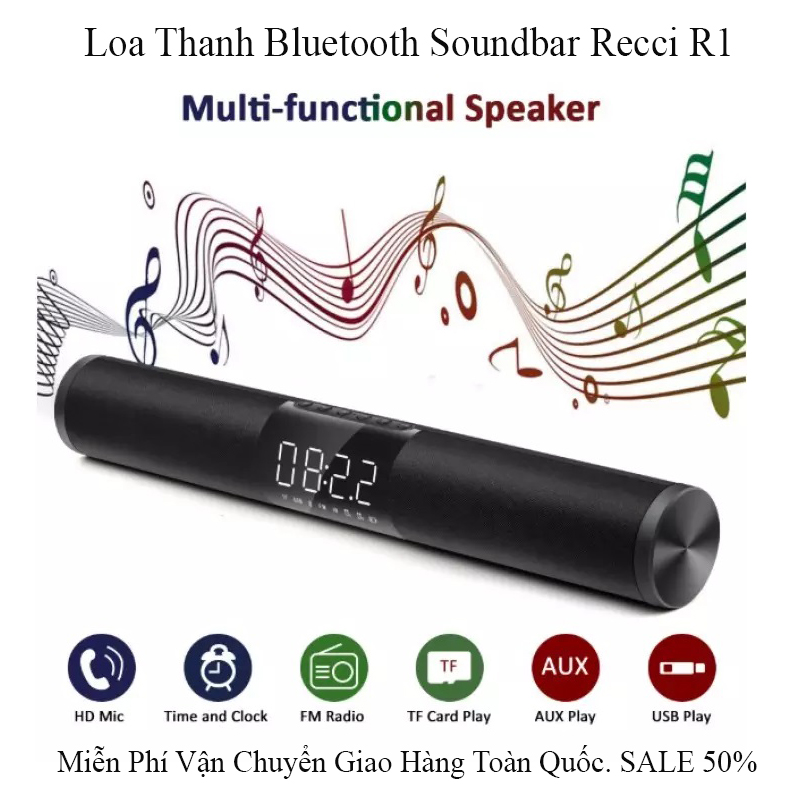 Loa Bluetooth R1,  Âm Thanh 360° (SoundBar Recci R1), Chất Âm 3D, Âm Thanh Vòm 360° Cực Chất. Loa Bluetooth Không Dây Công Suất Lớn.