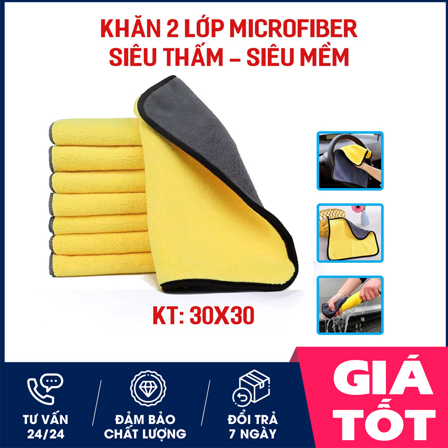 Khăn lau xe ô tô 30x30 siêu thấm chuyên dụng 2 lớp microfiber bền bỉ - Khăn lau siêu thấm hút đa năng