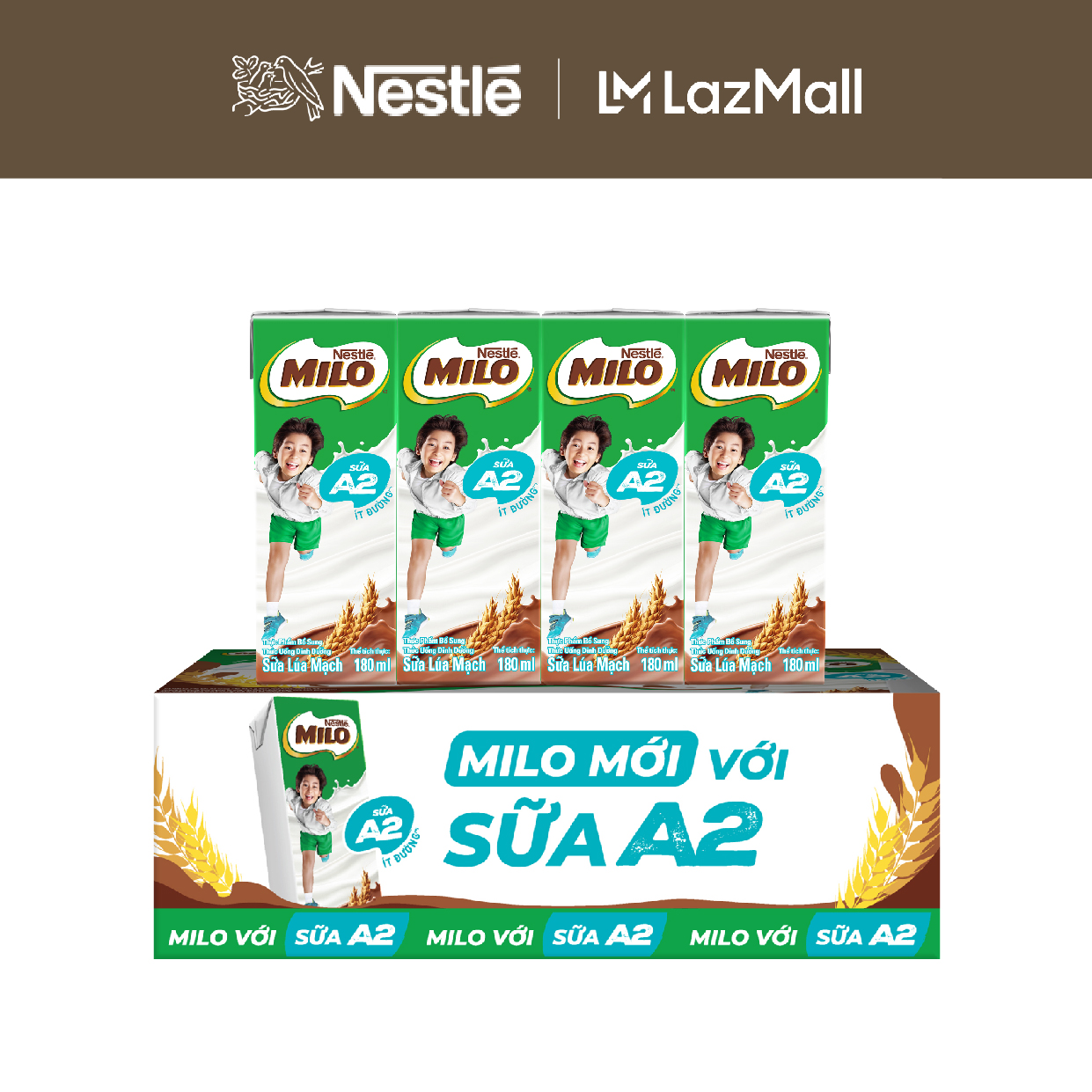 [ƯU ĐÃI THÁNG 9] [FREESHIP HCM] [Phiên bản ống hút 4 chiều] Thùng Sữa lúa mạch Nestle MILO với sữa A2 12 lốc (48 hộp x180 ml)