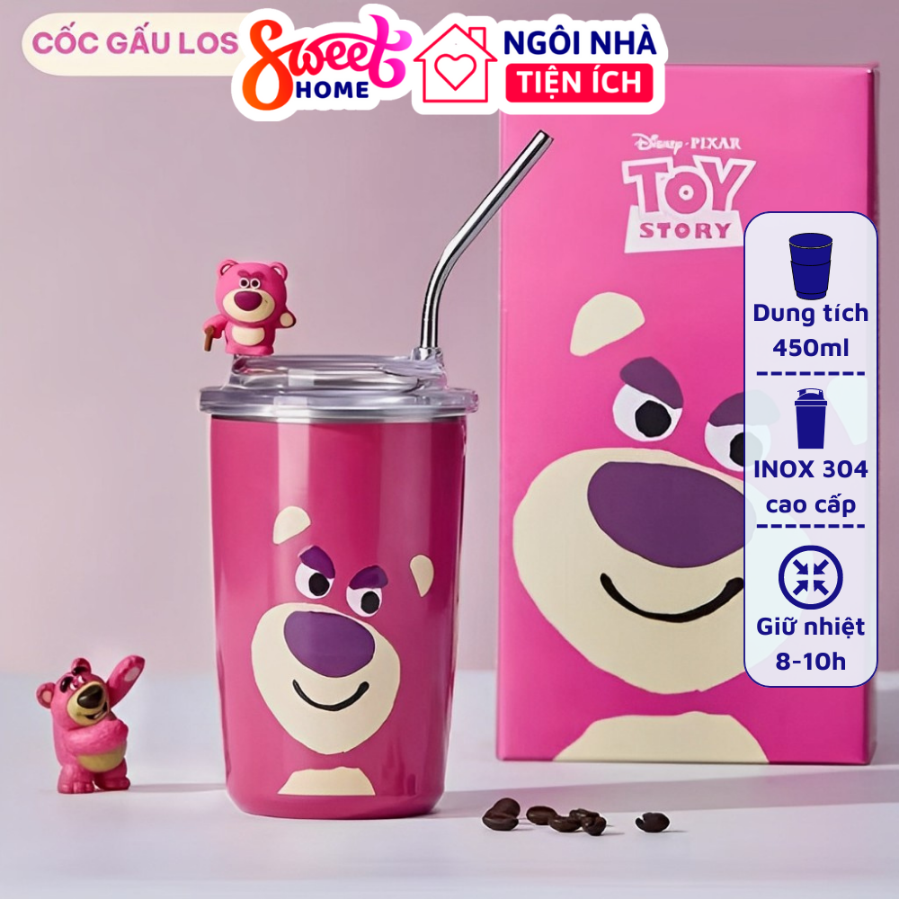 Ly giữ nhiệt gấu dâu lotso siêu cứng 450ml bình nước giữ nhiệt hình gấu và dâu tây hoạt hình dễ thương