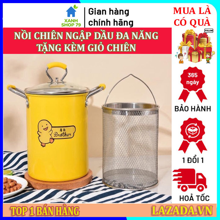 Nồi chiên ngập dầu mini vịt vàng đa năng, nồi chiên sâu lòng chống dính, nồi chiên gà dán Inox 304 dùng được cho tất cả các loại bếp, có kèm rổ chiên inox, đồ gia dụng nhà bếp đa năng - HÀNG LOẠI 1 - BẢO HÀNH 12 THÁNG