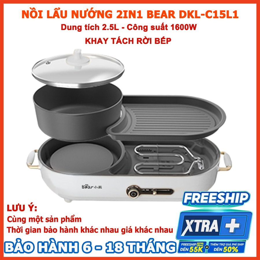 Nồi lẩu nướng đa năng Bear, bếp lẩu nướng 2 in 1, 1600W phủ chống dính cao cấp – Hàng chính hãng bảo hành -12 tháng