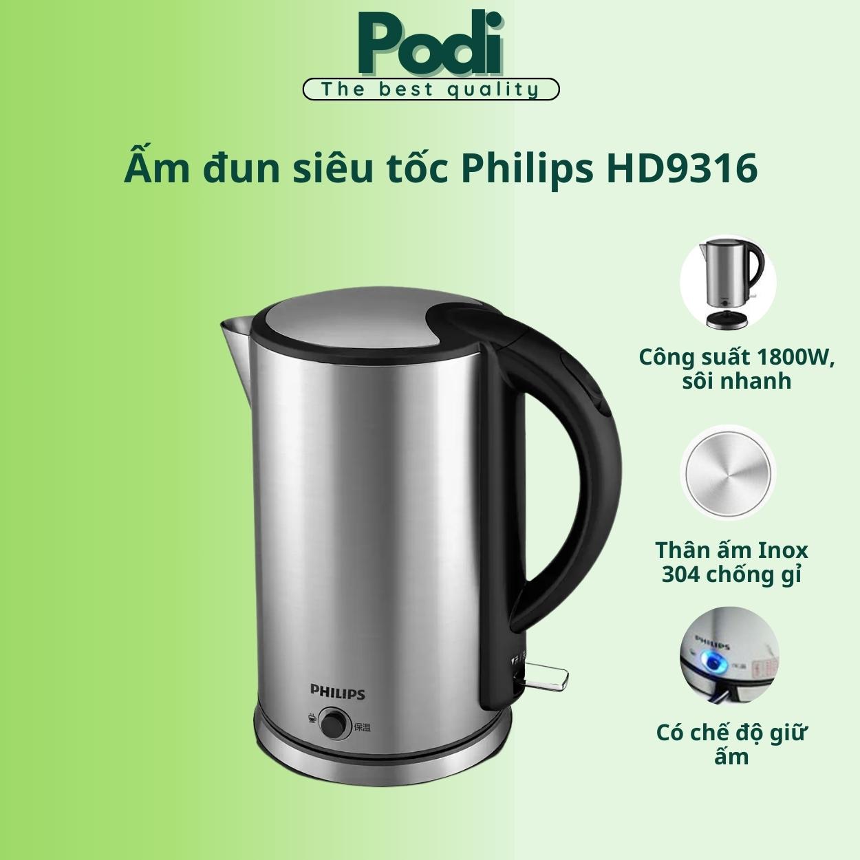 Bình đun nước siêu tốc ấm siêu tốc philips hd9316 công suất 1800w dung tích 1.7l bảo hành 2 năm