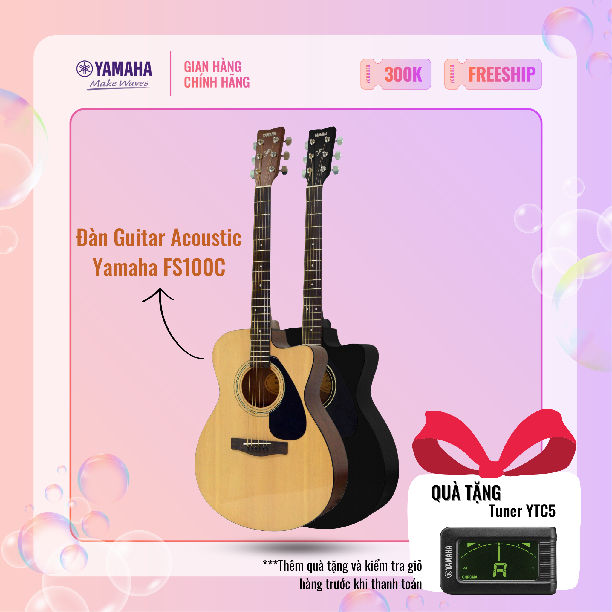 [Trả góp 0%] Đàn Guitar Acoustic YAMAHA FS100C - Kiểu dáng concert cutaway, mặt đàn bằng gỗ vân sam, bảo hành chính hãng 12 tháng