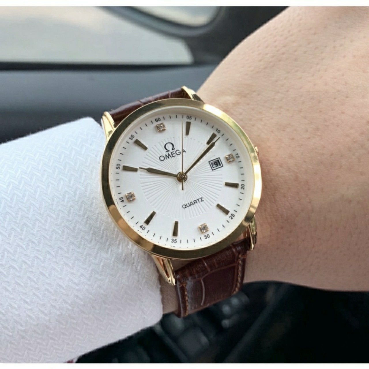 Đồng hồ Omega Nam OMG OM156, đồng hồ dây da mềm, thời trang, cao cấp, tặng phụ kiện, đính đá mặt.