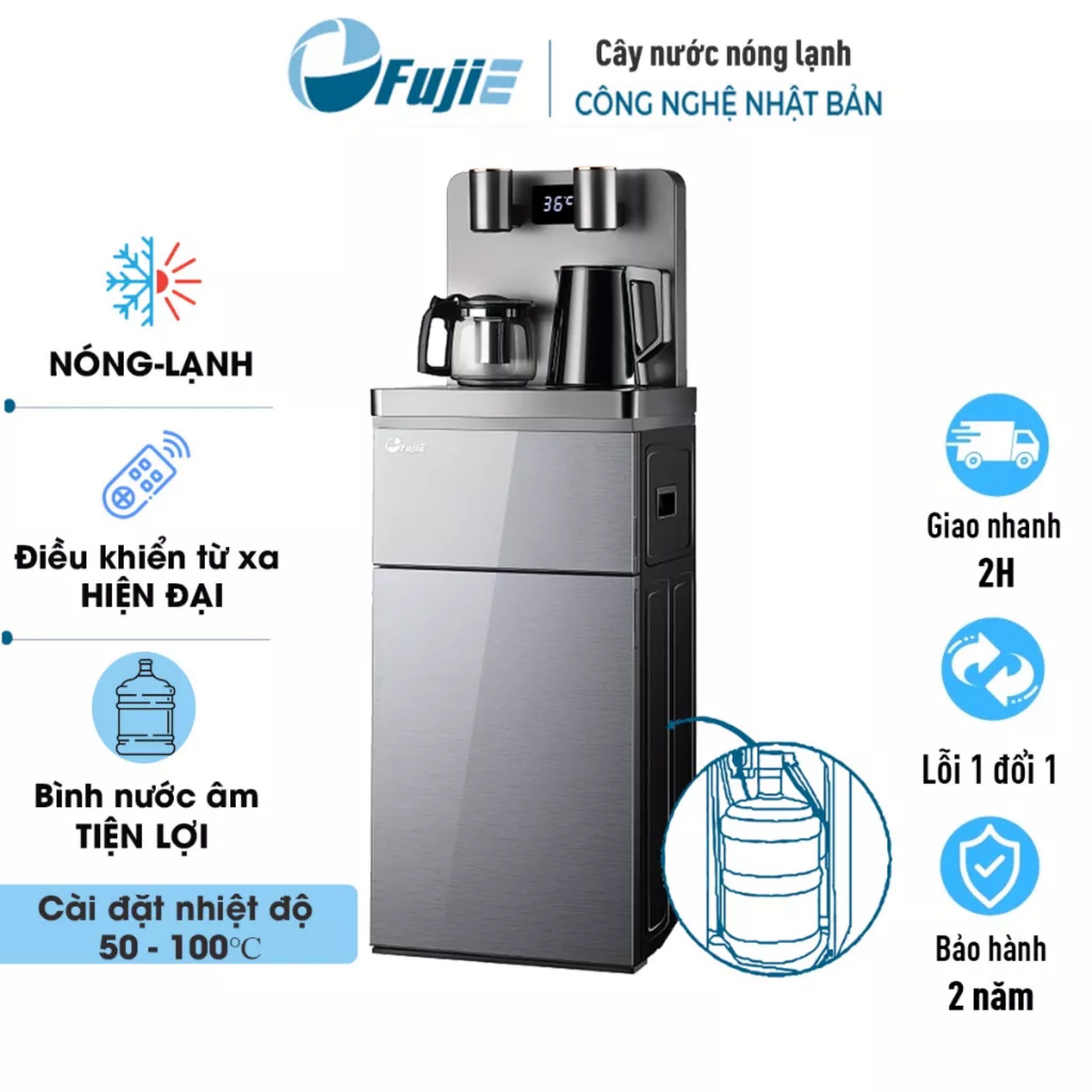 Cây nước nóng lạnh bàn trà Nhập Khẩu Fujie TBH1332E, máy nước uống nóng lạnh mini bình âm tặng kèm bình siêu tốc+ấm trà