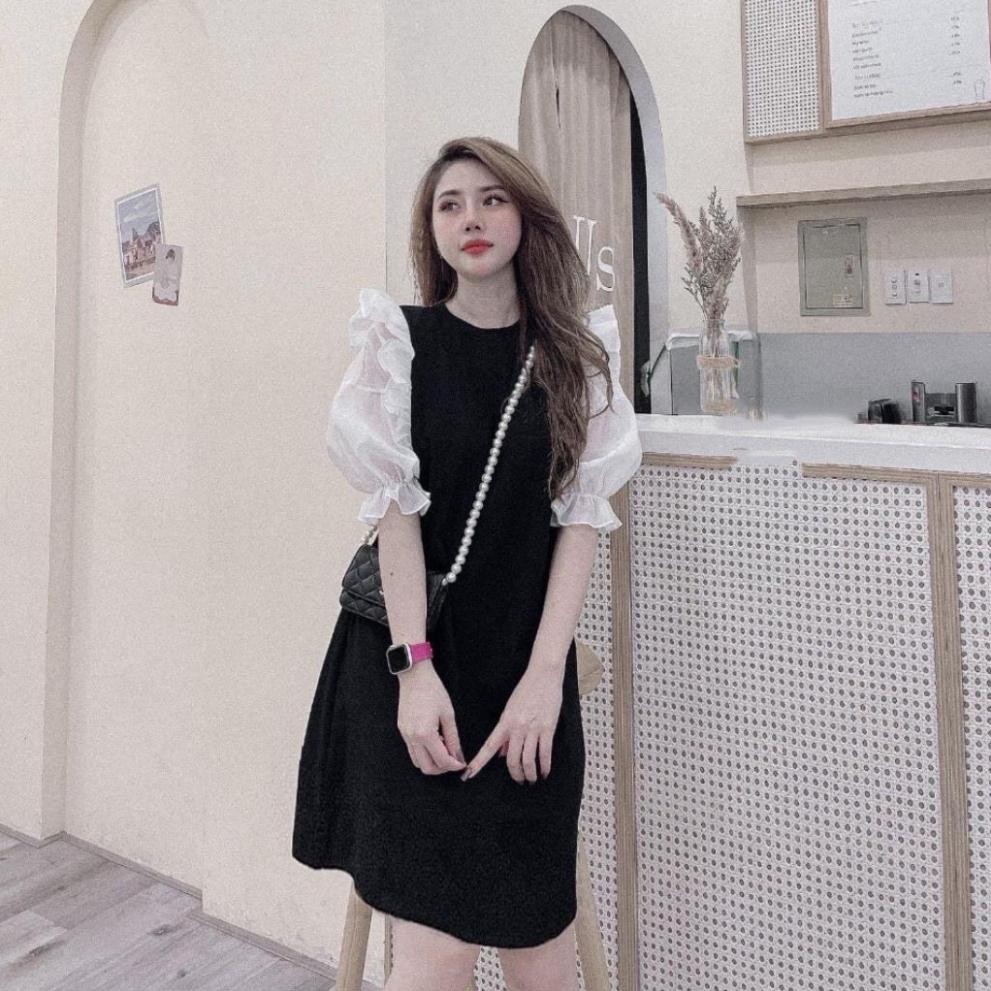 Váy bầu thu đông - đầm bầu công sở dáng suông 2 màu kẻ đen tay bồng lửng BN53 - Meemom