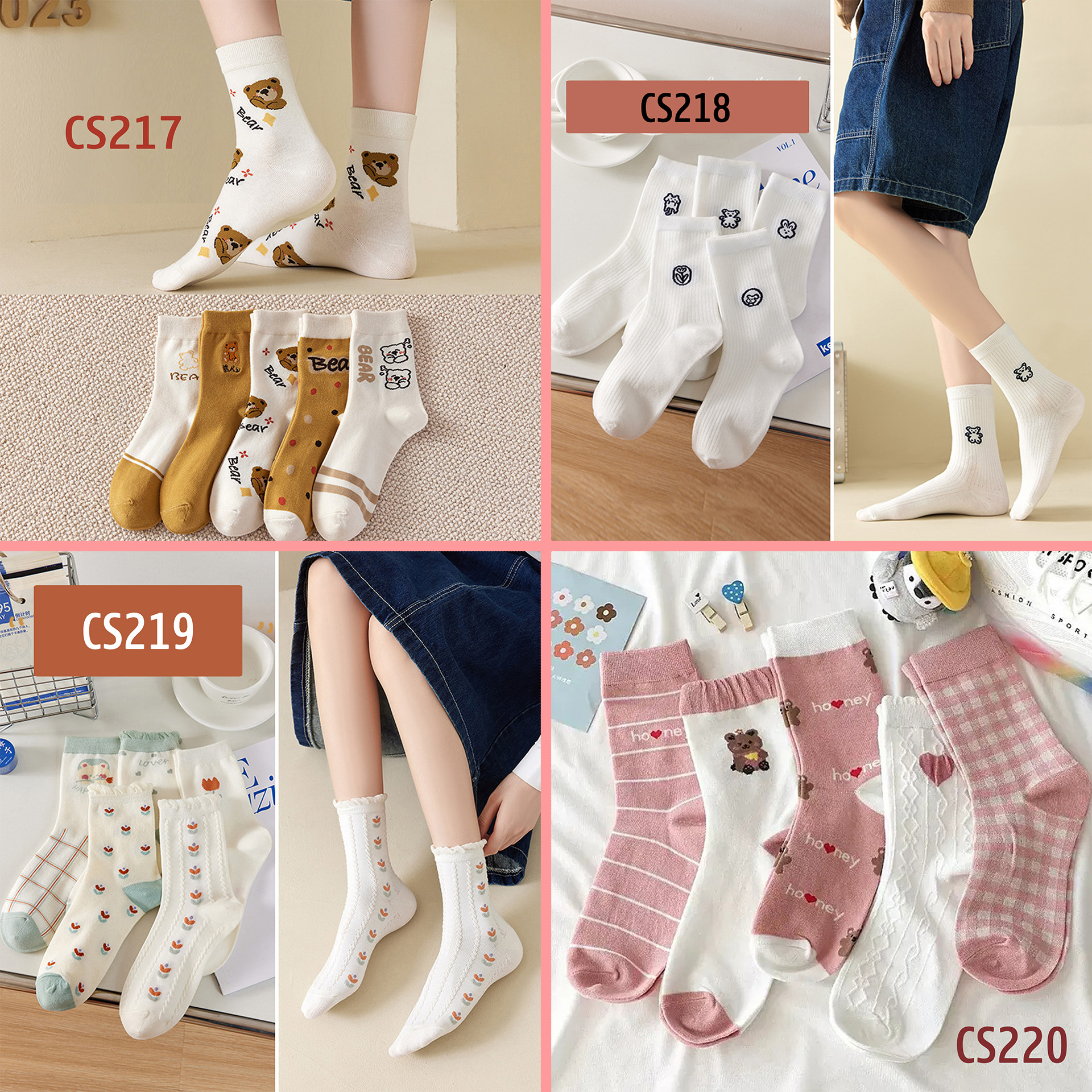 Combo 5 đôi tất vớ nữ cao cổ họa tiết dễ thương phong cách Hàn Quốc siêu xinh Freesize