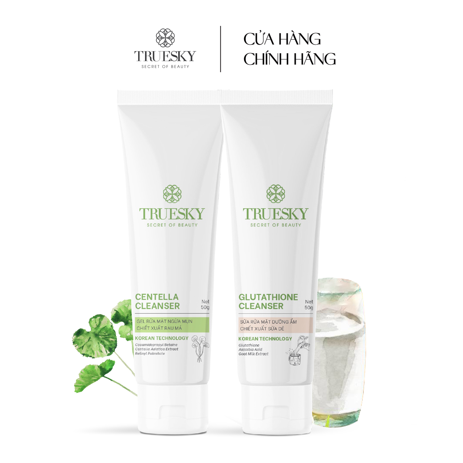 Combo dưỡng trắng và ngừa mụn da mặt Truesky gồm 1 gel rửa mặt rau má 50g +1 sữa rửa mặt sữa dê 50g