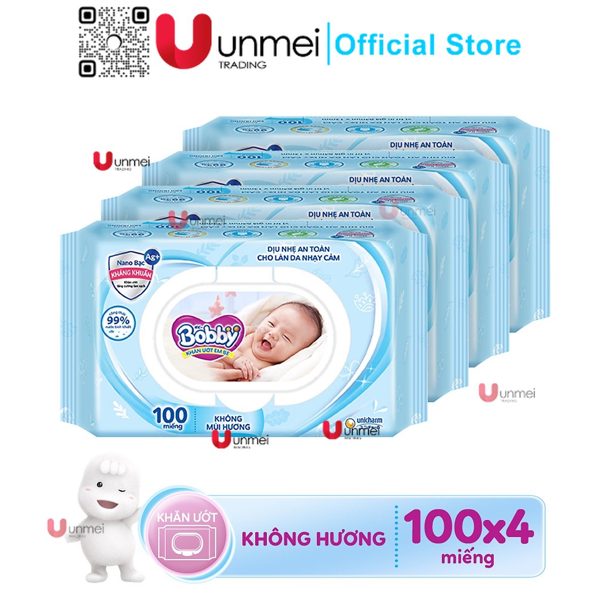 Combo tiết kiệm - 4 gói khăn ướt bobby care không hương 100 tờ/gói