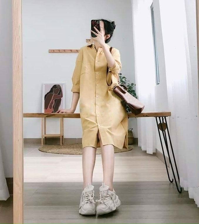 Đầm suông sơ mi vàng ray dài basic dạo phố kèm dây năng động - ds0039