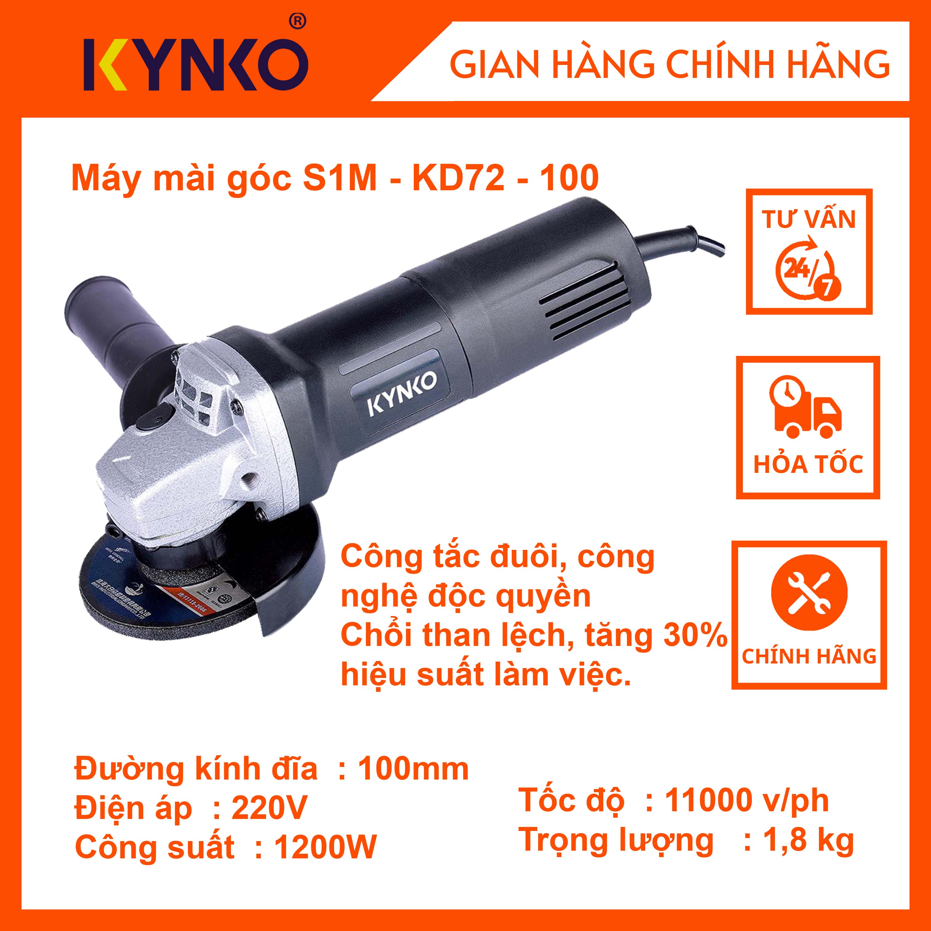 Máy mài góc công suất 1200w kynko s1m-kd72-100 cầm tay chính hãng giá tốt