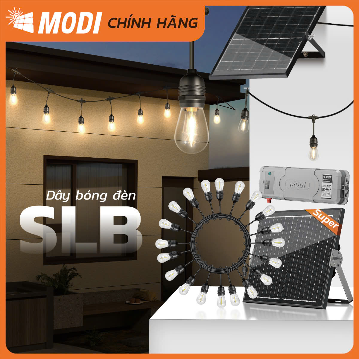 Đèn Dây Trang Trí Ngoài Trời  MODI SOLAR, Đèn Led Trang Trí Năng Lượng Mặt Trời Kháng Nước IP65 Không Tốn Điện Cảm Biến Ánh Sáng Decor Ấm Áp