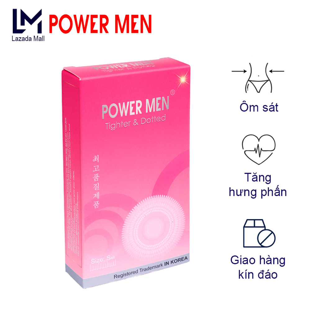 Bao cao su Powermen Tigher & Dotted Size nhỏ Ôm sát 49mm Hộp 12 chiếc - Bao cao su Power Men Tăng khoái cảm, Bao cao su Dotted