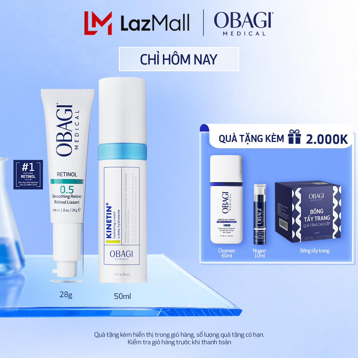 [Phiên bản mới] Bộ đôi Kem chống lão hóa Obagi 360 Retinol 0.5 28g và Kem dưỡng phục hồi làm dịu da Obagi Clinical Kinetin+ Hydrating Cream 50ml
