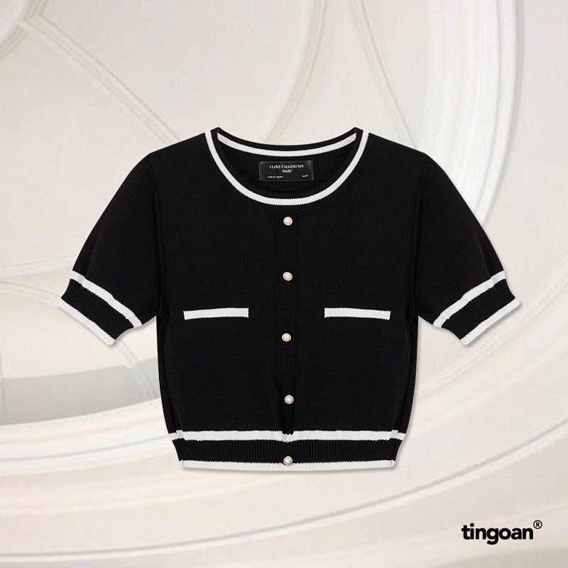 TINGOAN® - Áo len ngắn tay viền đen chống nhăn đen ALISSA TOP BL