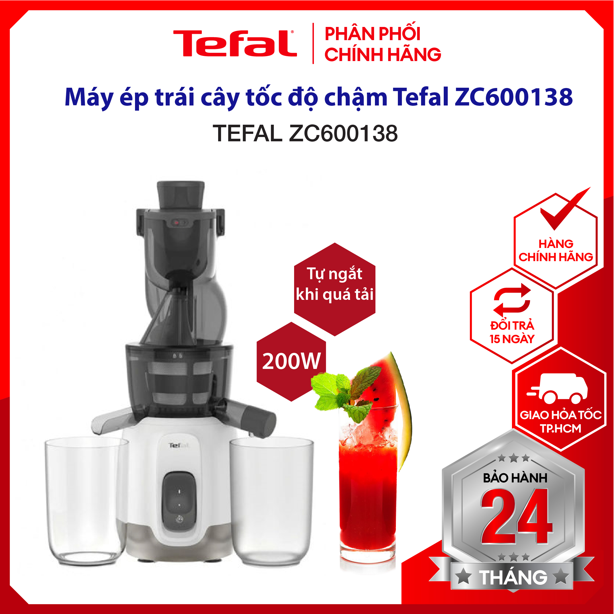 |hỏa tốc 2h| máy ép trái cây tốc độ chậm tefal zc600138 - công suất: 200w, 2 tốc độ nhấn + nhồi - hàng chính hãng, bảo hành 2 năm